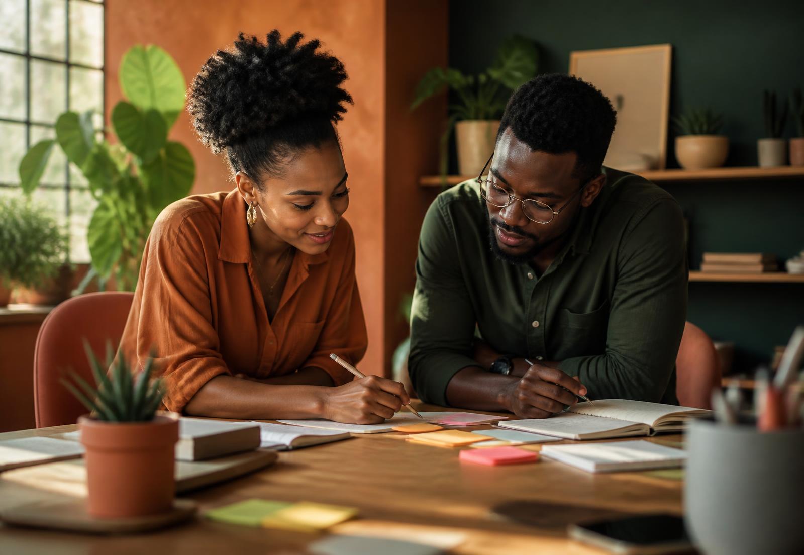 Deux jeunes entrepreneurs africains structurant leur projet ensemble